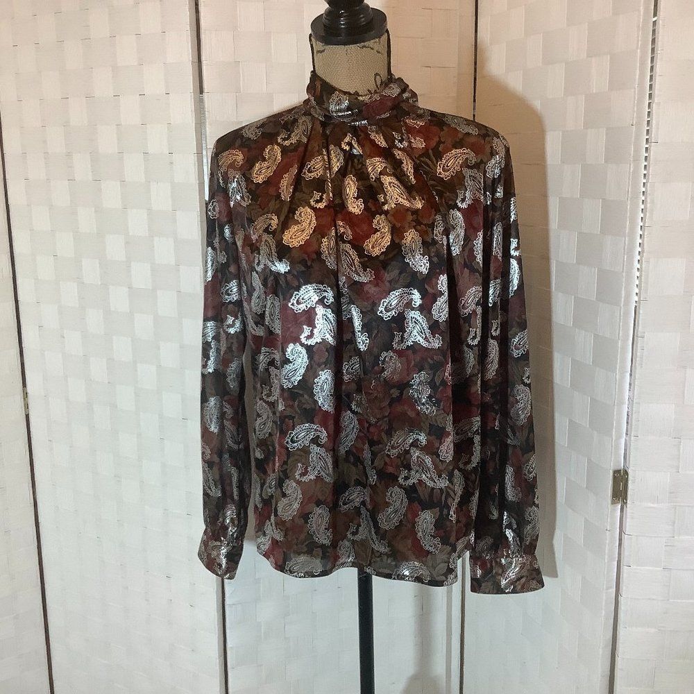 Vintage floral metallic long sleeve blouse dina ariel size medium